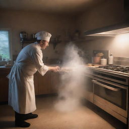 A translucent ghost chef proficiently working with a modern electric oven, preparing a meal in a softly-lit, atmospheric kitchen.