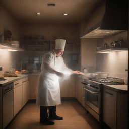 A translucent ghost chef proficiently working with a modern electric oven, preparing a meal in a softly-lit, atmospheric kitchen.