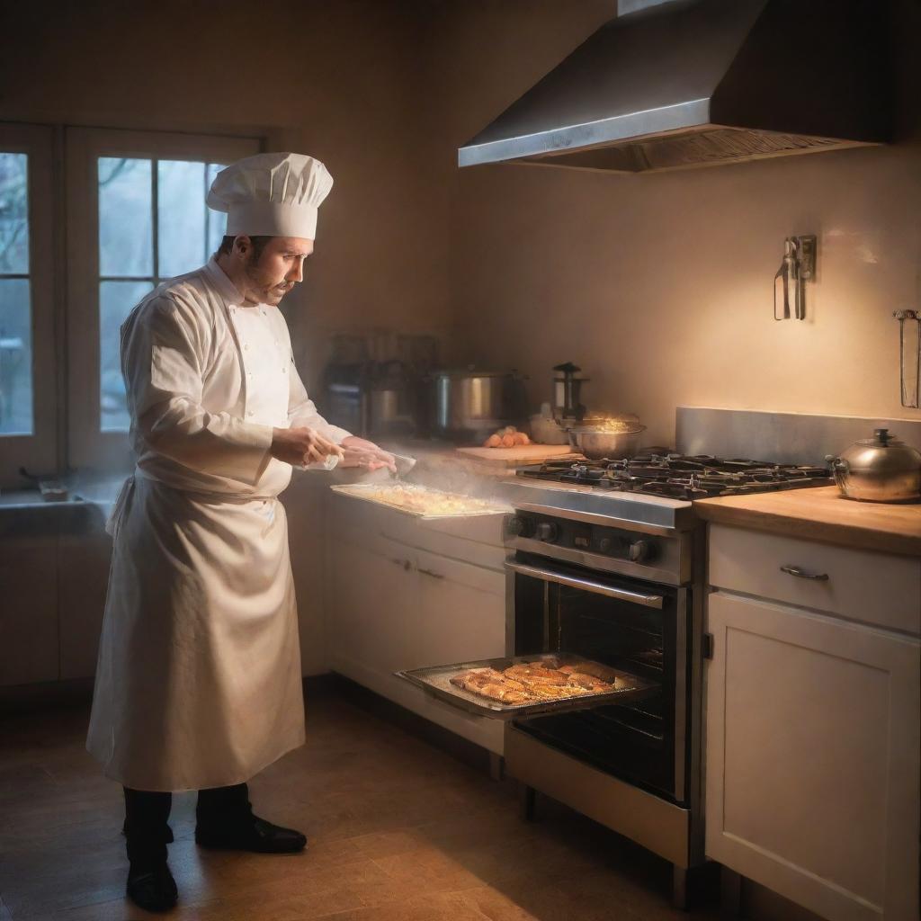 A translucent ghost chef proficiently working with a modern electric oven, preparing a meal in a softly-lit, atmospheric kitchen.