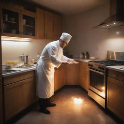 A translucent ghost chef proficiently working with a modern electric oven, preparing a meal in a softly-lit, atmospheric kitchen.