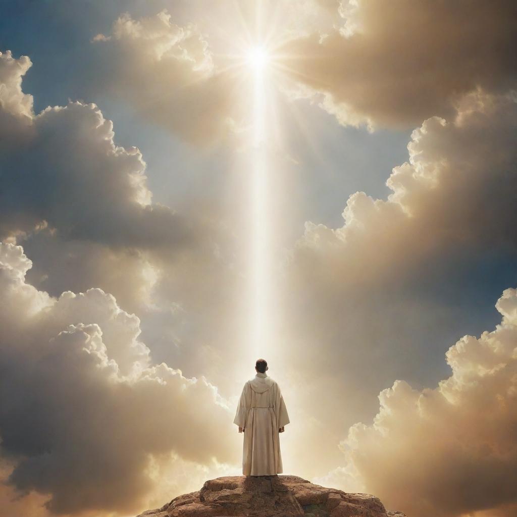 A spiritually uplifting poster focusing on deep faith and loyalty to God, with a blend of celestial imagery, light beaming through clouds, and inspiring religious scripture.