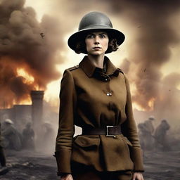 A high-quality, live-action film poster featuring Dorothy Lawrence, disguised as a World War I soldier, standing with her back to the viewer like Britannia