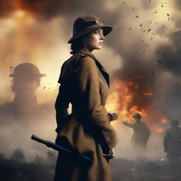 A high-quality, live-action film poster featuring Dorothy Lawrence, disguised as a World War I soldier, standing with her back to the viewer like Britannia