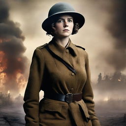 A high-quality, live-action film poster featuring Dorothy Lawrence, disguised as a World War I soldier, standing with her back to the viewer like Britannia