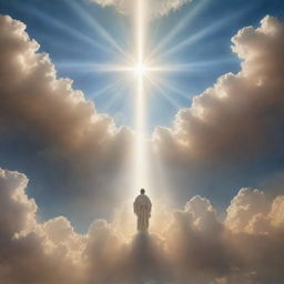 A spiritually uplifting poster focusing on deep faith and loyalty to God, with a blend of celestial imagery, light beaming through clouds, and inspiring religious scripture.