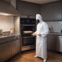 A spectral ghost, cloaked in a chef's apron, is cooking with a state-of-the-art electric oven in a professionally equipped, warm-lit kitchen.