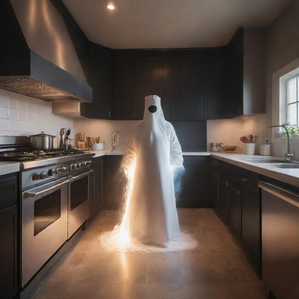 A spectral ghost, cloaked in a chef's apron, is cooking with a state-of-the-art electric oven in a professionally equipped, warm-lit kitchen.