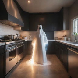 A spectral ghost, cloaked in a chef's apron, is cooking with a state-of-the-art electric oven in a professionally equipped, warm-lit kitchen.