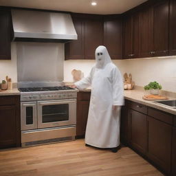 A spectral ghost, cloaked in a chef's apron, is cooking with a state-of-the-art electric oven in a professionally equipped, warm-lit kitchen.