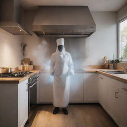 A spectral ghost, cloaked in a chef's apron, is cooking with a state-of-the-art electric oven in a professionally equipped, warm-lit kitchen.