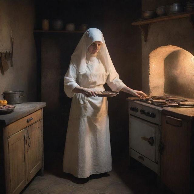 An ethereal ghost, donning an apron, actively cooking using a vintage-style oven in a mystically-lit, ancient kitchen.