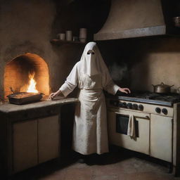 An ethereal ghost, donning an apron, actively cooking using a vintage-style oven in a mystically-lit, ancient kitchen.