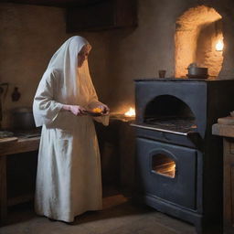 An ethereal ghost, donning an apron, actively cooking using a vintage-style oven in a mystically-lit, ancient kitchen.