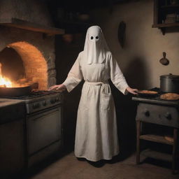 An ethereal ghost, donning an apron, actively cooking using a vintage-style oven in a mystically-lit, ancient kitchen.