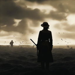 A high-quality, live-action photograph film poster featuring the silhouetted figure of Dorothy Lawrence, disguised as a World War I soldier