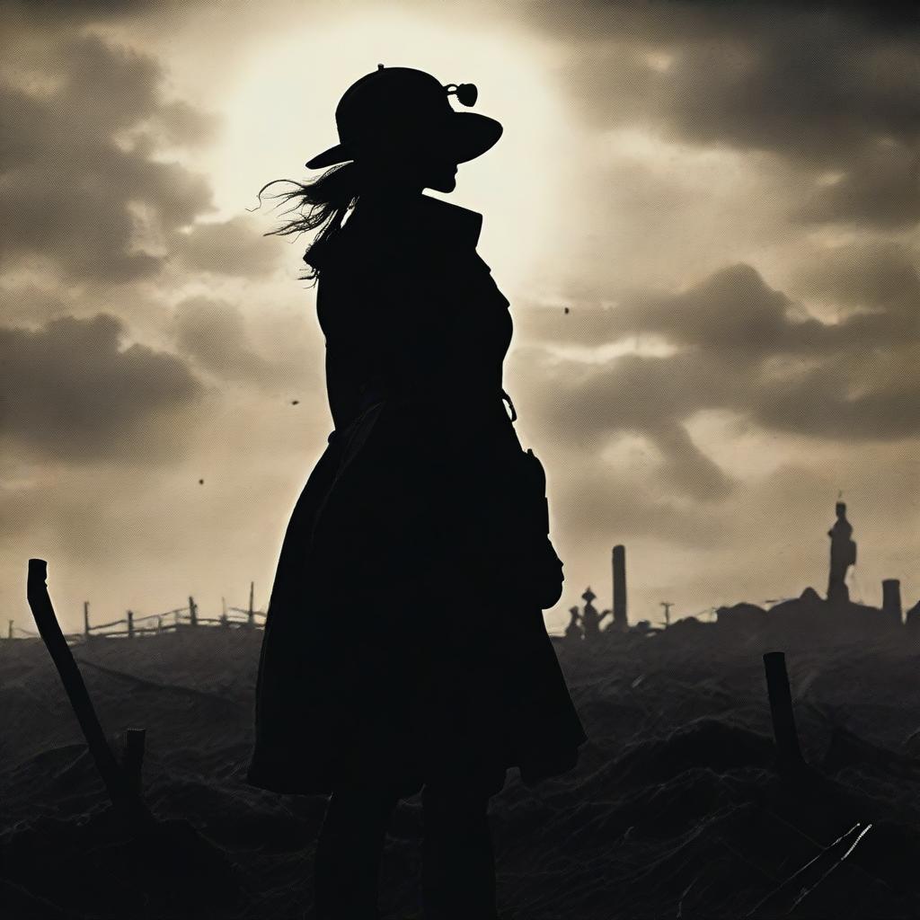 A high-quality, live-action photograph film poster featuring the silhouetted figure of Dorothy Lawrence, disguised as a World War I soldier