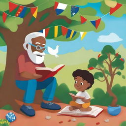 A vibrant digital art piece showcasing a heartwarming scene of a grandfather reading a story to his grandson under an Araguaney tree