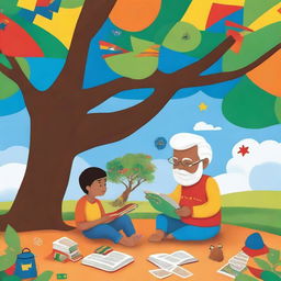 A vibrant digital art piece showcasing a heartwarming scene of a grandfather reading a story to his grandson under an Araguaney tree