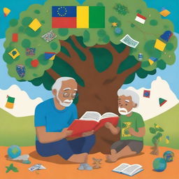 A vibrant digital art piece showcasing a heartwarming scene of a grandfather reading a story to his grandson under an Araguaney tree