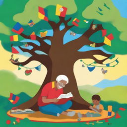 A vibrant digital art piece showcasing a heartwarming scene of a grandfather reading a story to his grandson under an Araguaney tree