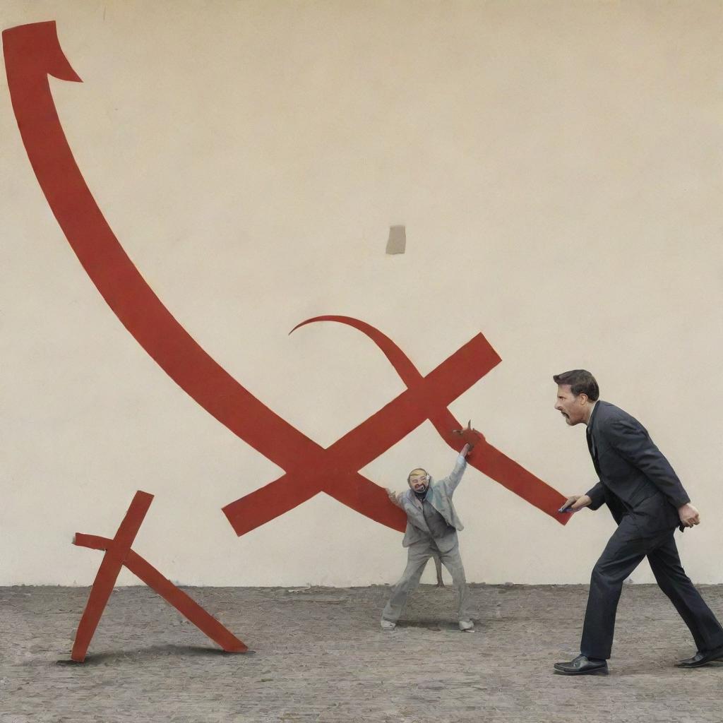 A terrified man defending himself with a book titled 'Economics', against a set of animated hammer and sickle, symbolic of communism.