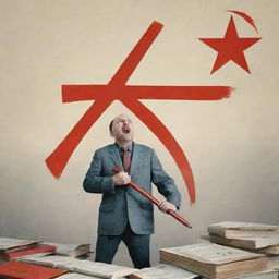 A terrified man defending himself with a book titled 'Economics', against a set of animated hammer and sickle, symbolic of communism.