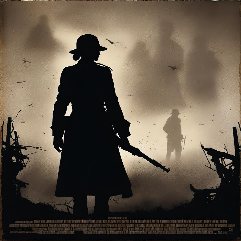 A high-quality, live-action photograph film poster featuring the silhouetted figure of Dorothy Lawrence, disguised as a World War I soldier