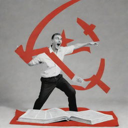 A terrified man defending himself with a book titled 'Economics', against a set of animated hammer and sickle, symbolic of communism.