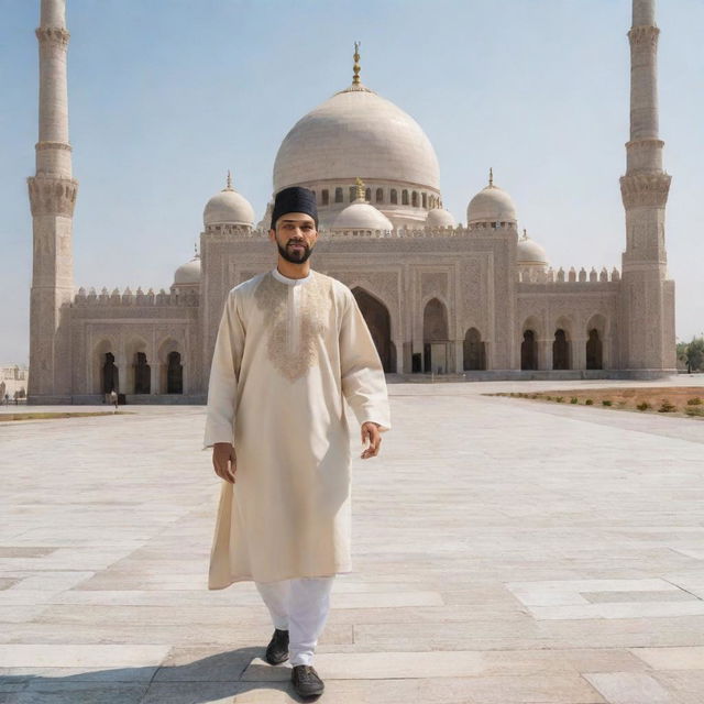 Muhammad AYAN in traditional Islamic dress, wearing a cap, walking towards a beautifully detailed mosque