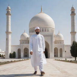 Muhammad AYAN in traditional Islamic dress, wearing a cap, walking towards a beautifully detailed mosque