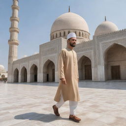 Muhammad AYAN in traditional Islamic dress, wearing a cap, walking towards a beautifully detailed mosque