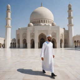 Muhammad AYAN in traditional Islamic dress, wearing a cap, walking towards a beautifully detailed mosque