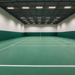 An immaculate badminton court under bright lights with white boundary lines on a green surface, complete with a taut net across the middle.