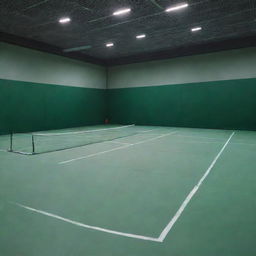 An immaculate badminton court under bright lights with white boundary lines on a green surface, complete with a taut net across the middle.