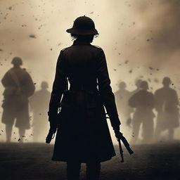 A high-quality, live-action photograph film poster featuring the silhouetted figure of Dorothy Lawrence, disguised as a British World War I soldier