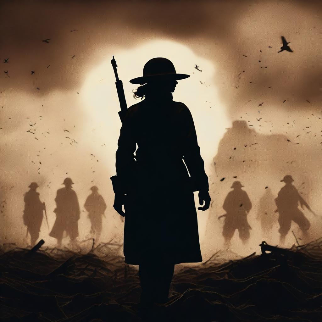 A high-quality, live-action photograph film poster featuring the silhouetted figure of Dorothy Lawrence, disguised as a British World War I soldier