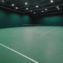 An immaculate badminton court under bright lights with white boundary lines on a green surface, complete with a taut net across the middle.