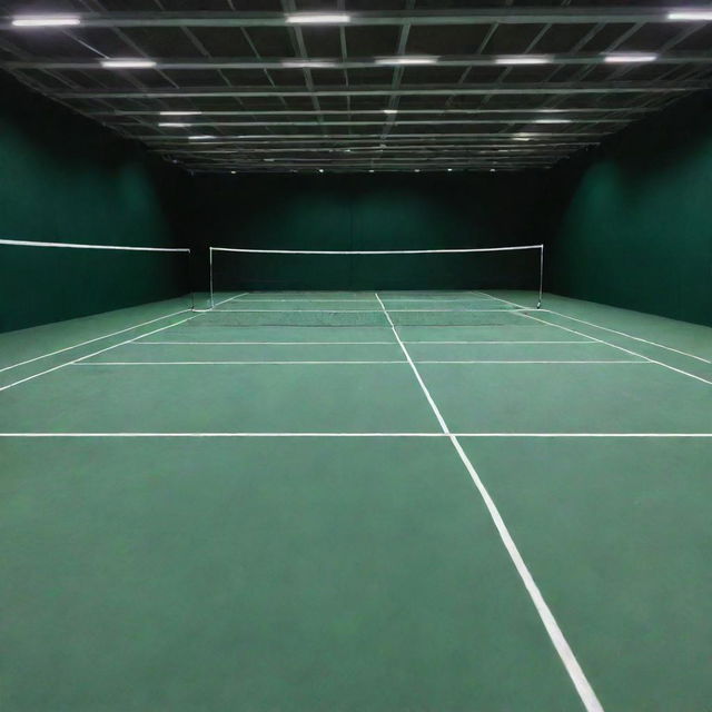 An immaculate badminton court under bright lights with white boundary lines on a green surface, complete with a taut net across the middle.