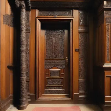 The hallway terminates in a beautifully carved wooden door.
