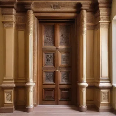 The hallway terminates in a beautifully carved wooden door.