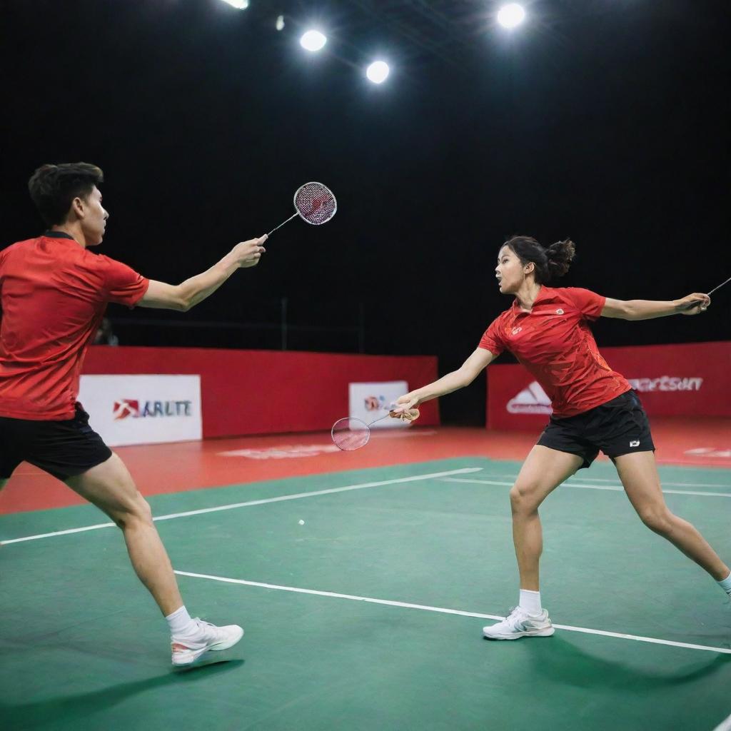 A dynamic scene of a badminton match in progress with players in active poses, badminton racquets in hand and a shuttlecock mid-air.