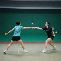 A dynamic scene of a badminton match in progress with players in active poses, badminton racquets in hand and a shuttlecock mid-air.