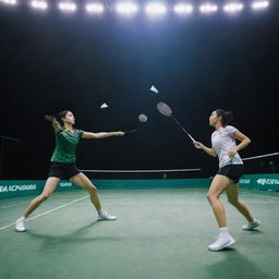 A dynamic scene of a badminton match in progress with players in active poses, badminton racquets in hand and a shuttlecock mid-air.