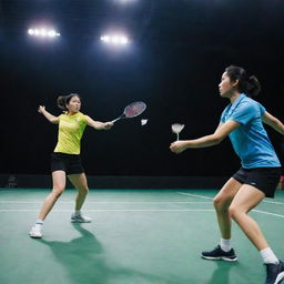 A dynamic scene of a badminton match in progress with players in active poses, badminton racquets in hand and a shuttlecock mid-air.