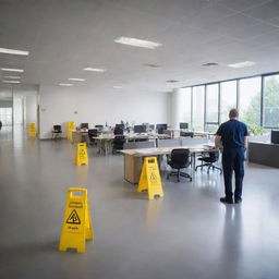 The interior of a large, bustling commercial cleaning company. Packed with modern cleaning equipment and uniformed staff readying for their tasks. The space effuses an air of professionalism and efficiency.