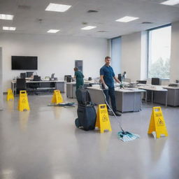 The interior of a large, bustling commercial cleaning company. Packed with modern cleaning equipment and uniformed staff readying for their tasks. The space effuses an air of professionalism and efficiency.