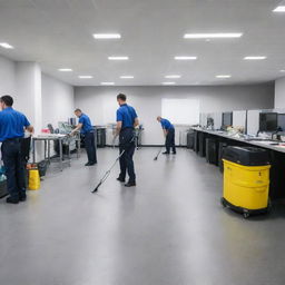 The interior of a large, bustling commercial cleaning company. Packed with modern cleaning equipment and uniformed staff readying for their tasks. The space effuses an air of professionalism and efficiency.