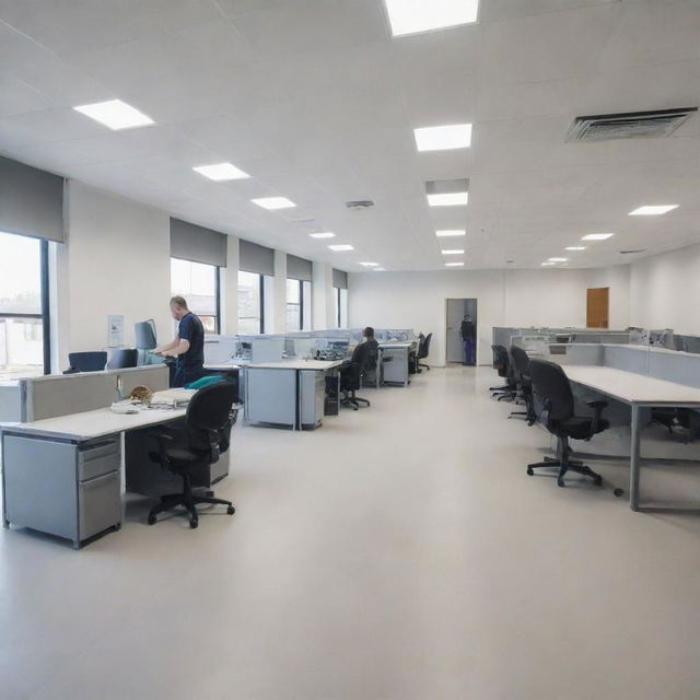 The interior of a large, bustling commercial cleaning company. Packed with modern cleaning equipment and uniformed staff readying for their tasks. The space effuses an air of professionalism and efficiency.