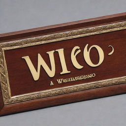 A formal nameplate made of polished wood with 'Wicaksono' elegantly carved in golden letters.