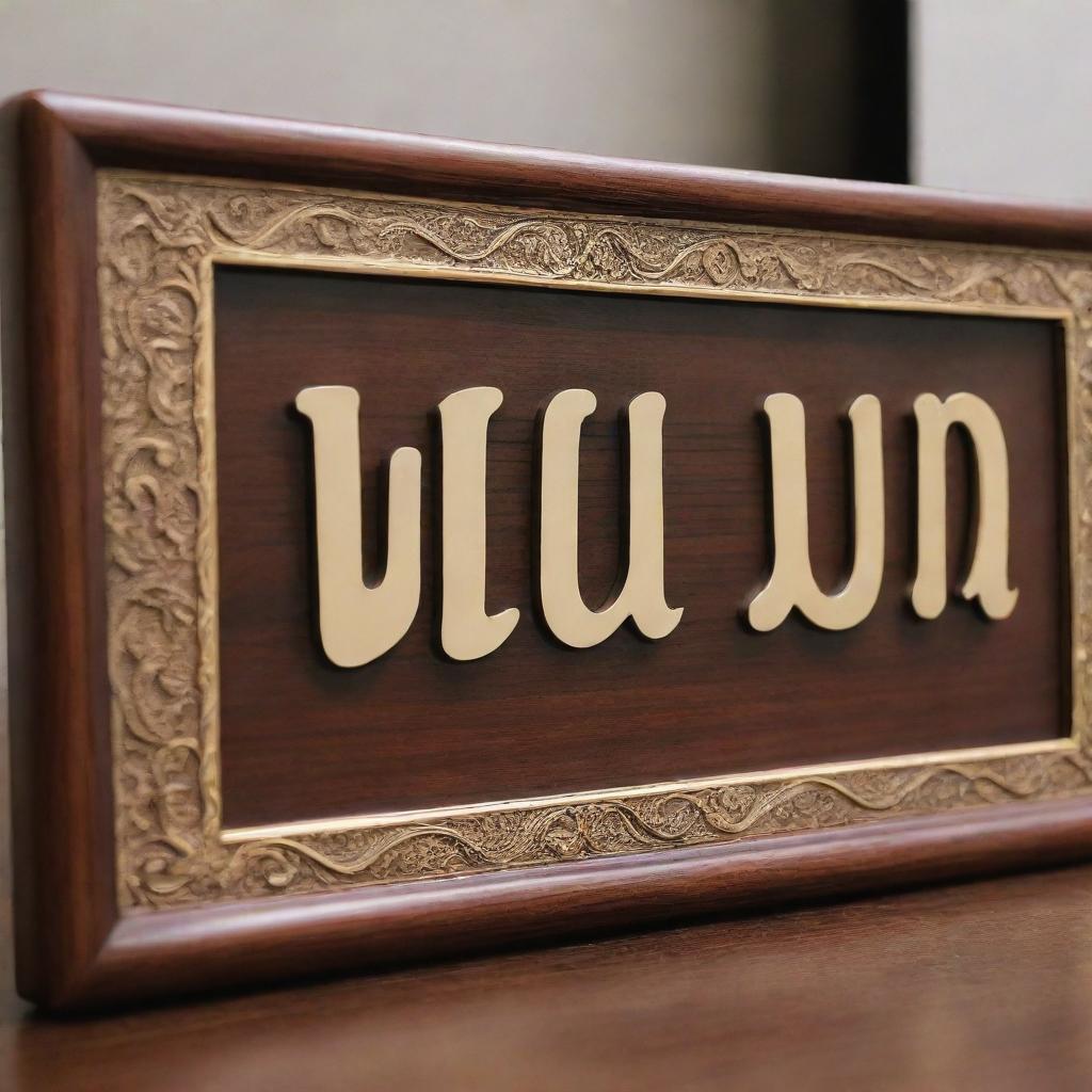 A formal nameplate made of polished wood with 'Wicaksono' elegantly carved in golden letters.